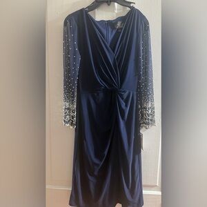 Alex Evenings Navy Blue Dress with Embellished Sleeves